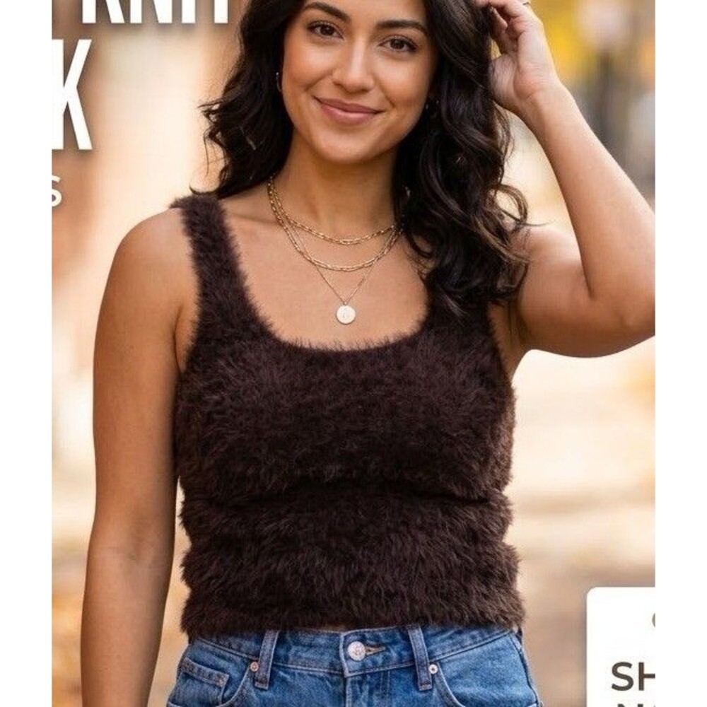 Anthropologie Chocolate Brown Fuzzy Eyelash Knit Crop Tank Top Y2K 90s XS